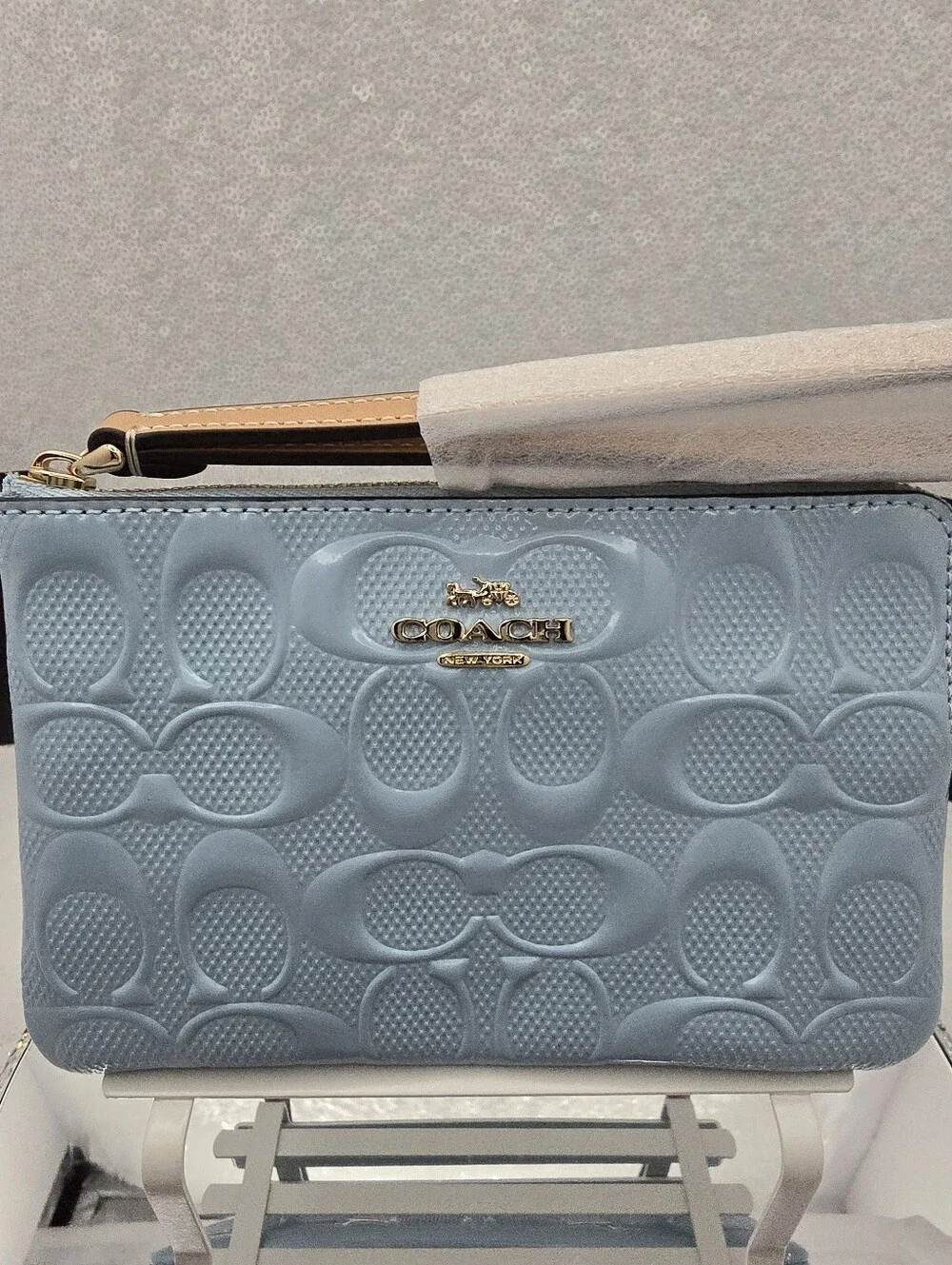 Coach Light Blue Pearlized Signature Patent Leather Wristlet Pouch